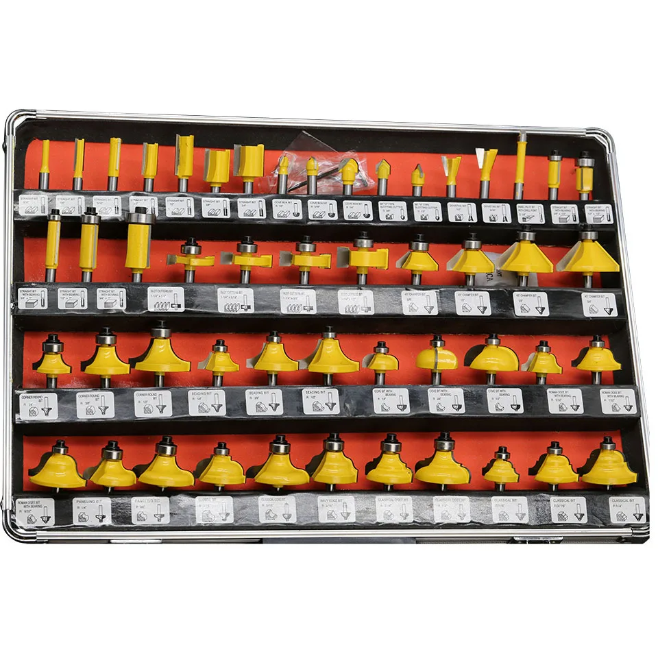 50 Pcs 6.35MM/8MM/12.7M Shank Carbide Tipped Router Bit Set for Woodworking CE ISO Certified CNC Process Plastic Box ODM/OEM