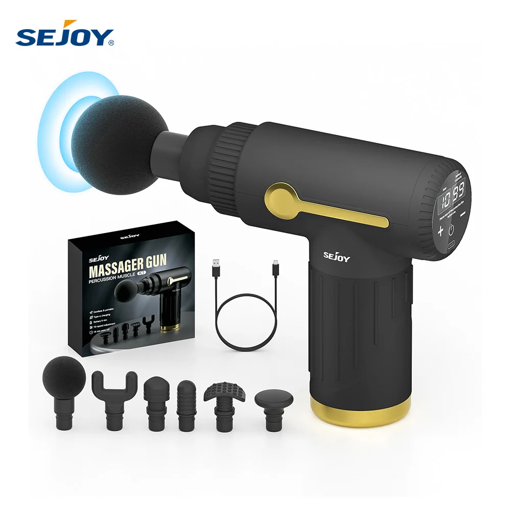 SEJOY Tragbare Faszienpistole mit 6 Köpfen, Vibrationsmassagegerät für Körper, Nacken, Rücken, tiefe Muskelentspannung, 10 Gänge, LCD-Touchscreen