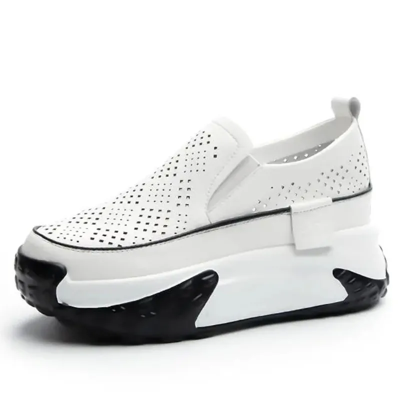 

Женские кроссовки из натуральной кожи на вулканизированной платформе, массивные кроссовки на танкетке 7 см, повседневные стабильные модные летние туфли для скейтбординга, обувь высокого бренда