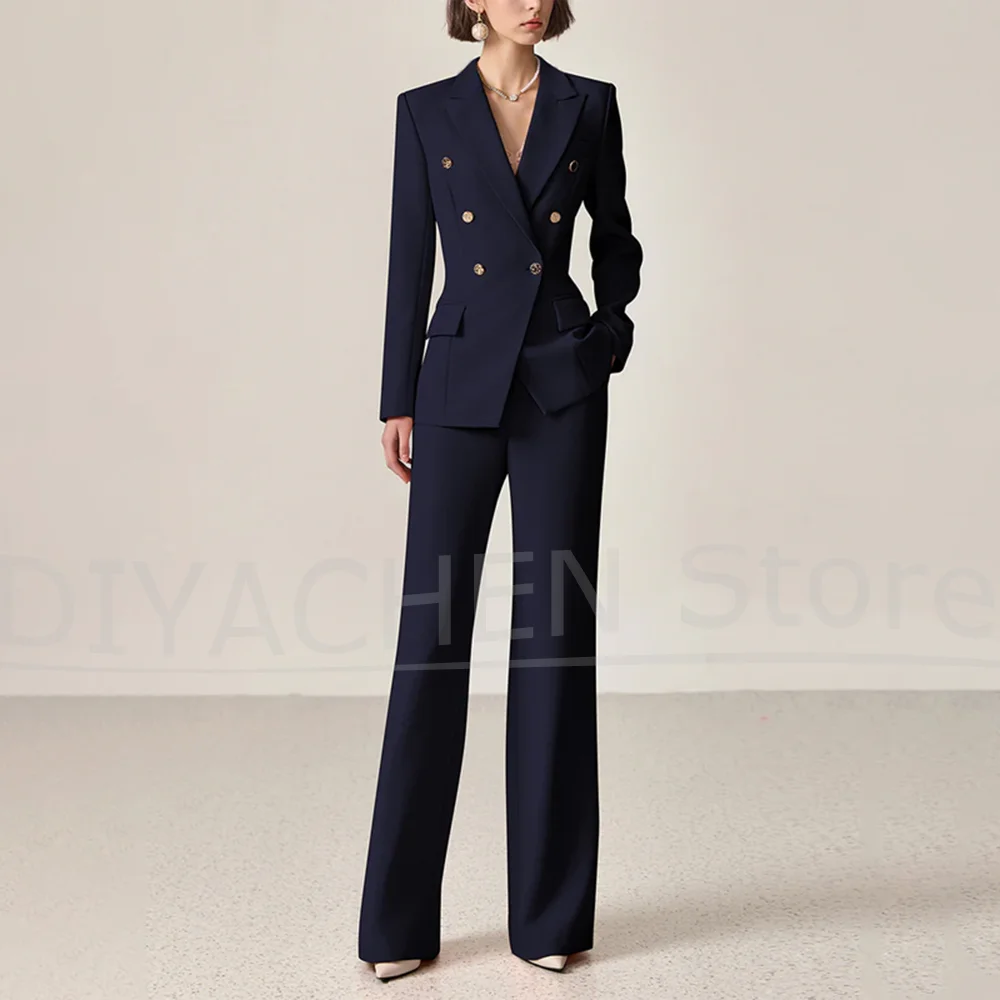 

Women's Navy Blue Double Breasted Suit Set Chic Peak Lapel Solid Color Outfit Formal Business Casual Office Lady Suits 2 Piece