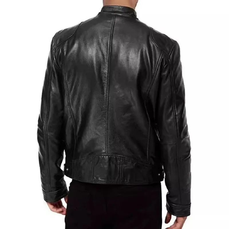 KIDWHXR Man Leather Jacket Motorcycle Punk Stand Collar Male Coat Windproof Long Sleeve Zipper Outdoor Casual Men Outerwear