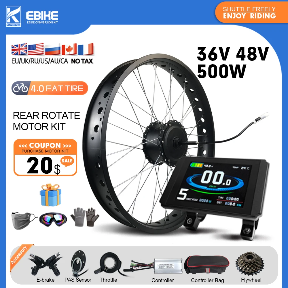 36V48V 500W Fat E-Bike Conversion Kit for Snow Electric Bicycle Brushless Hub Motor beach bike Rear Wheel 20-26inch x4.0