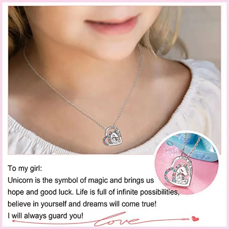 Pretty Fashion Unicorn Mother and Child Hug Heart Shape Pendant Necklace Charm Necklace for Women Perfect Gift for Girls