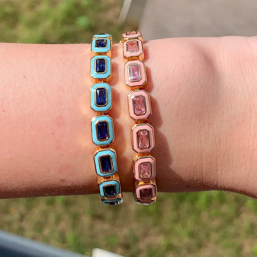 2025 New Arrived Colorful Geometric Square Bezel Set Blue Pink Cubic Zirconia CZ With Enamel Tennis Bracelet Jewelry For Women