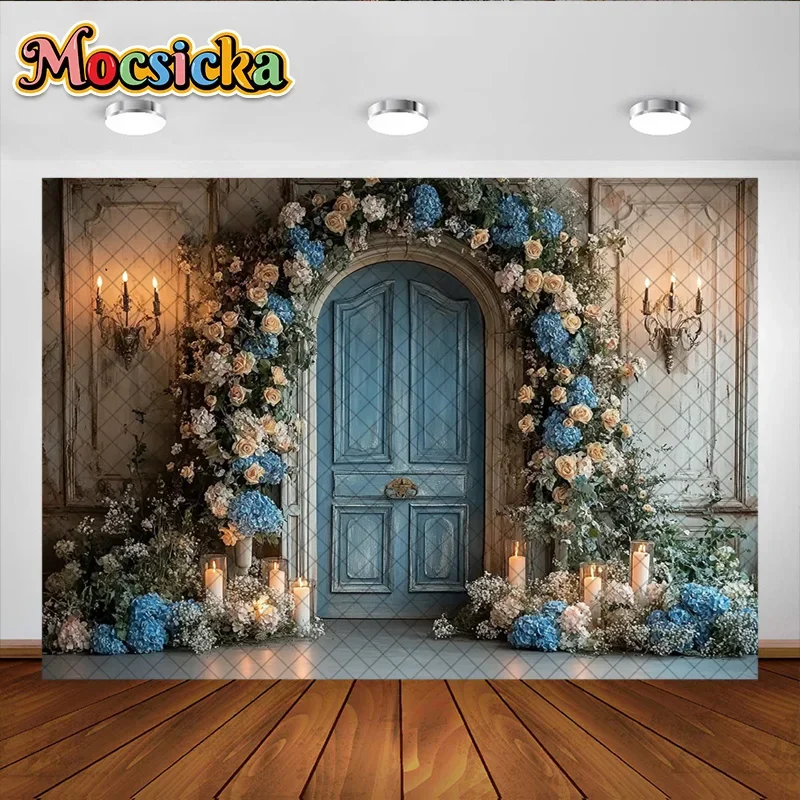 Mocsicka التصوير خلفية الأزهار قوس باب خشبي الديكور خلفية كعكة سحق استحمام الطفل صورة استوديو الدعامة راية