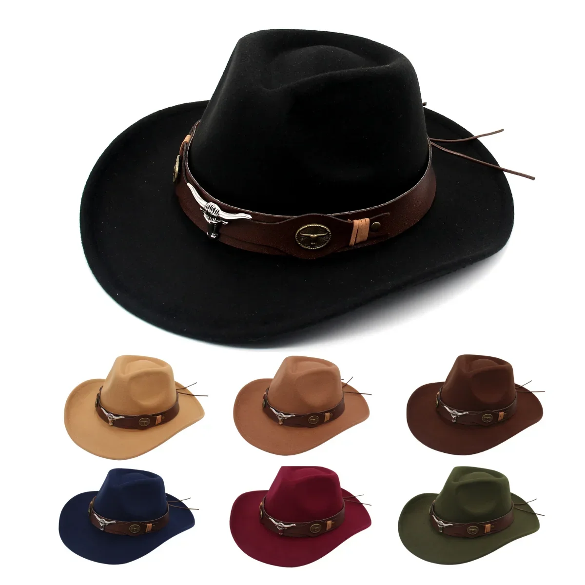 Wild Western Cowboy Wool Men\'s Hat Bull Shaped Decor Country Hat Ethnic Style Belt Knight Felt Hats Cowgirl Jazz Women Fedoras