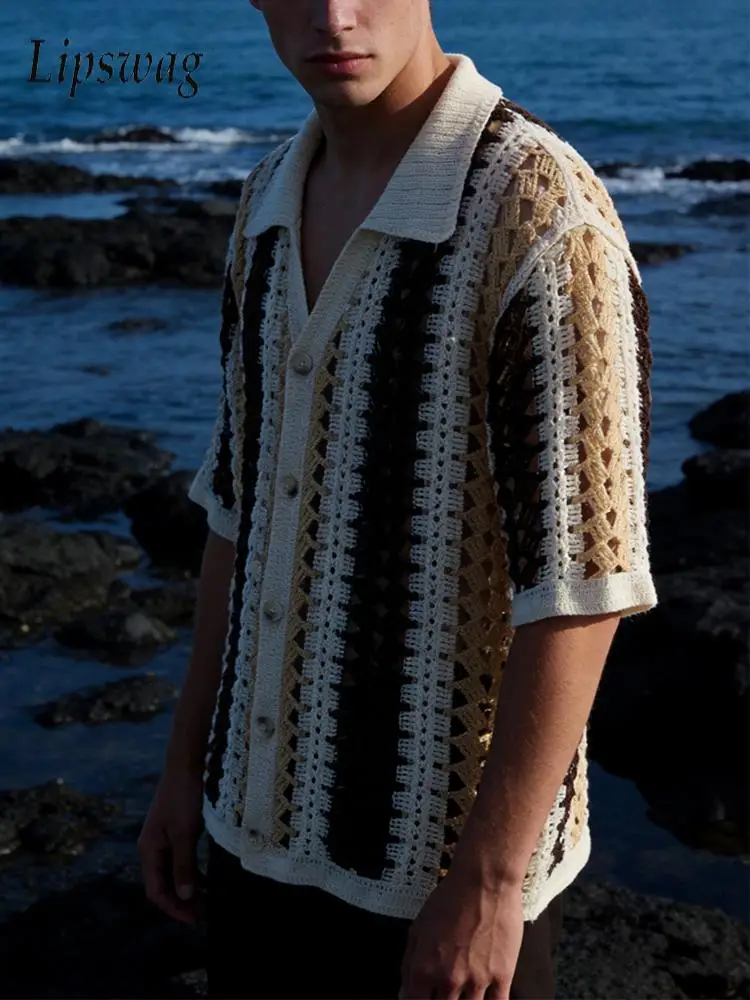 

Приморские пляжные мужские вязаные рубашки, повседневные дышащие ажурные трикотажные рубашки для мужчин, весна-лето 2026, стильные полосатые рубашки