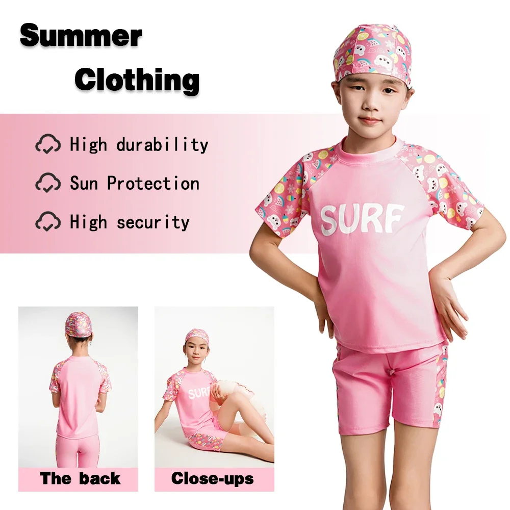 Children Girls Swimsuit Split Set Short Sleeve Cartoon Cute Bear Quick Drying 3 Pieces Beach Swimwear For Kids Age 5-16 Years