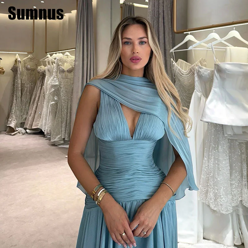 

Sumnus Elegant A-Line Blue Prom Dress V-Neck Pleats Draped Sleeveless Evening Dress فساتين سهرة Customized