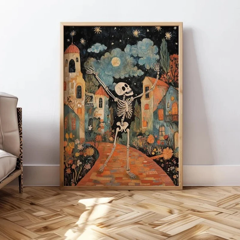 

Постер с изображением скелета на Хэллоуин, без рамы, винтажный, на холсте, печатный, для декора стен, модный галерейный принт