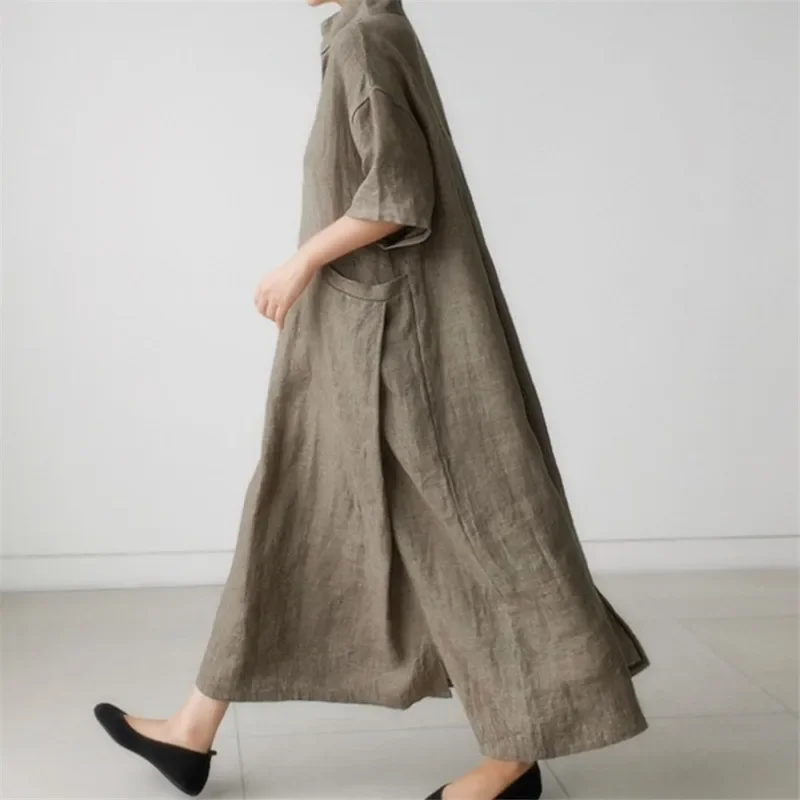 

New Dress Women Half Sleeves V Neck Maxi Shirt Dresses Cotton Linen Elegance Splicing Streetwear Loose Office Lady Y2k Spring