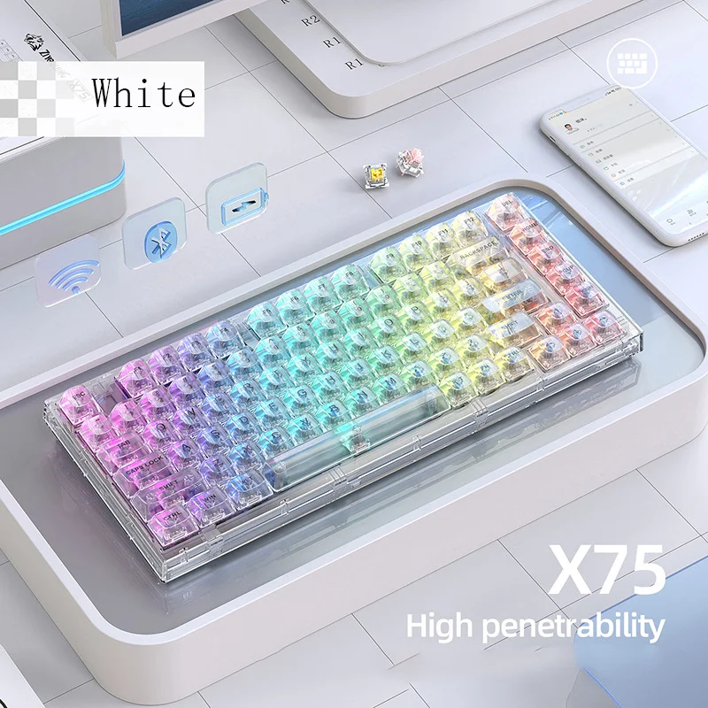 

Transparent Mechanical Keyboard with RGB Backlit 82 Keys White HOT Swappable Wired/Bluetooth/2.4G Wireless Keyboard For Gamer