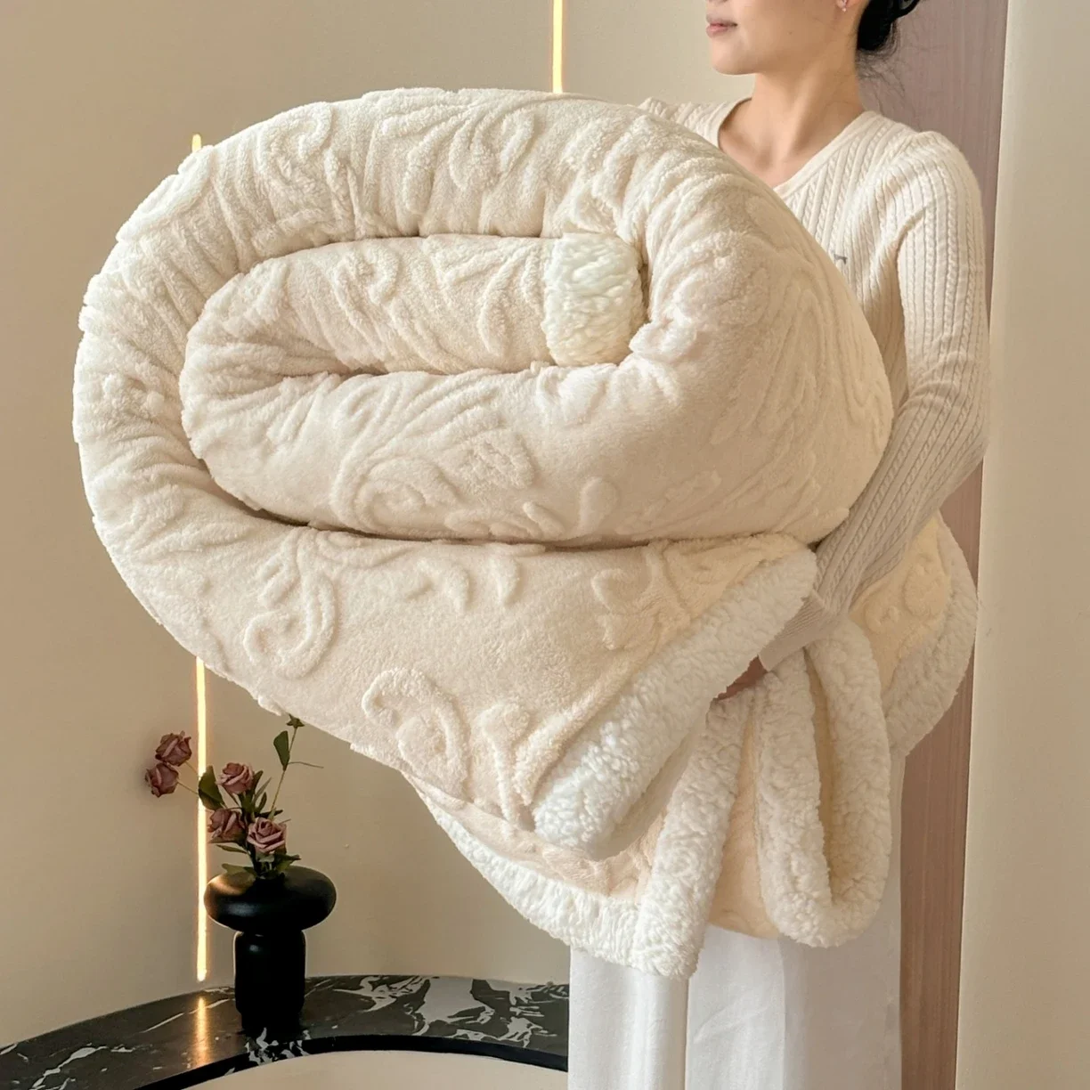 Fashion Jacquard Double Layer Sherpa Fleece Blanket Thick Warm Autumn Winter Blanket for Bed Warmth Plush Throw Blanket for Sofa