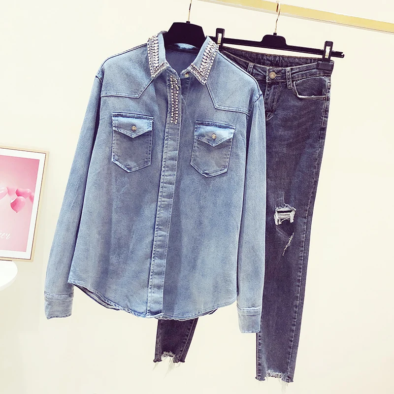 Exquisite Rhinestone Button Up Denim Shirt for Women 2022 Spring New Fashionable All-Match Long Sleeve Jean Blouse Ladies Top