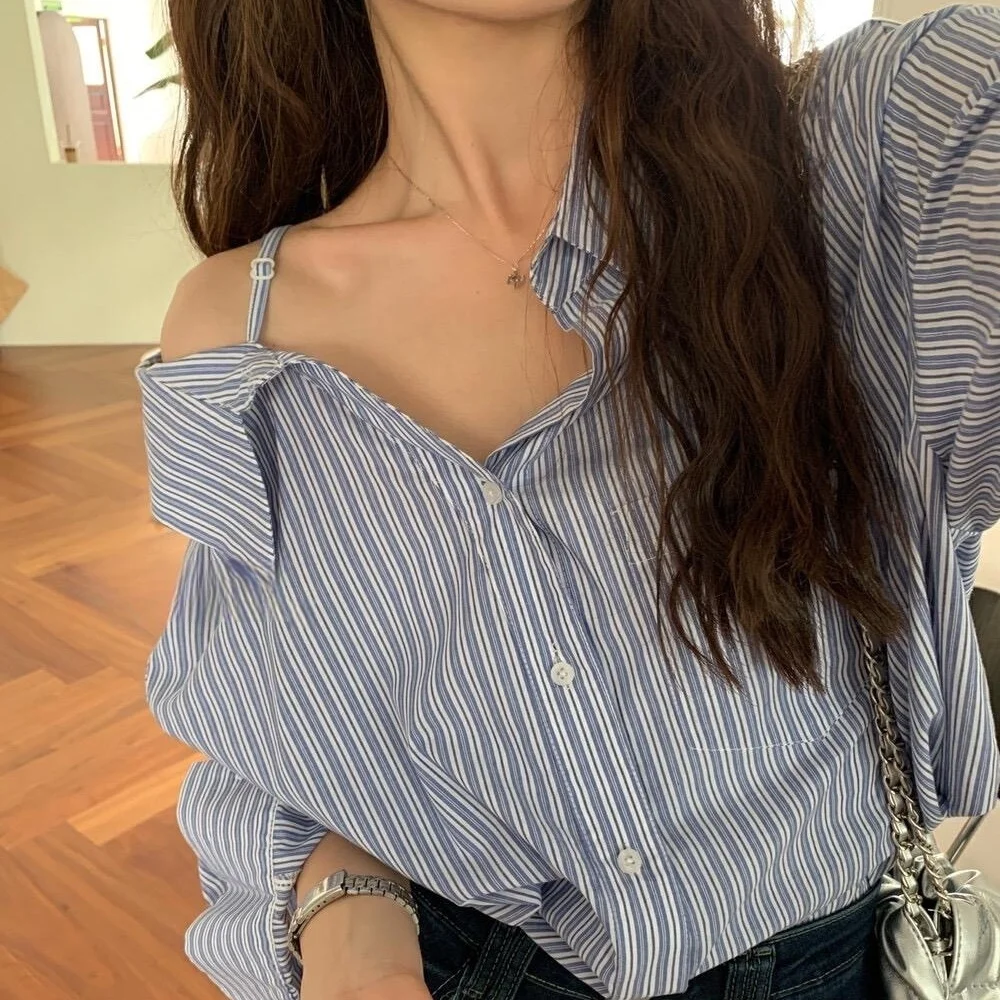 Diseño elegante primavera principios de mujer irt oulder Bared largo Sve rayas corte suelto Casual versátil Sle abotonada Ne