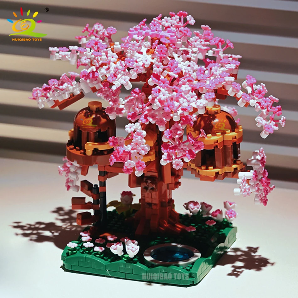 Bloques de construcción MOC para niños y adultos, juguete de ladrillos para armar casa del árbol rosa, flor de cerezo, modelo clásico, DIY, 1109 piezas