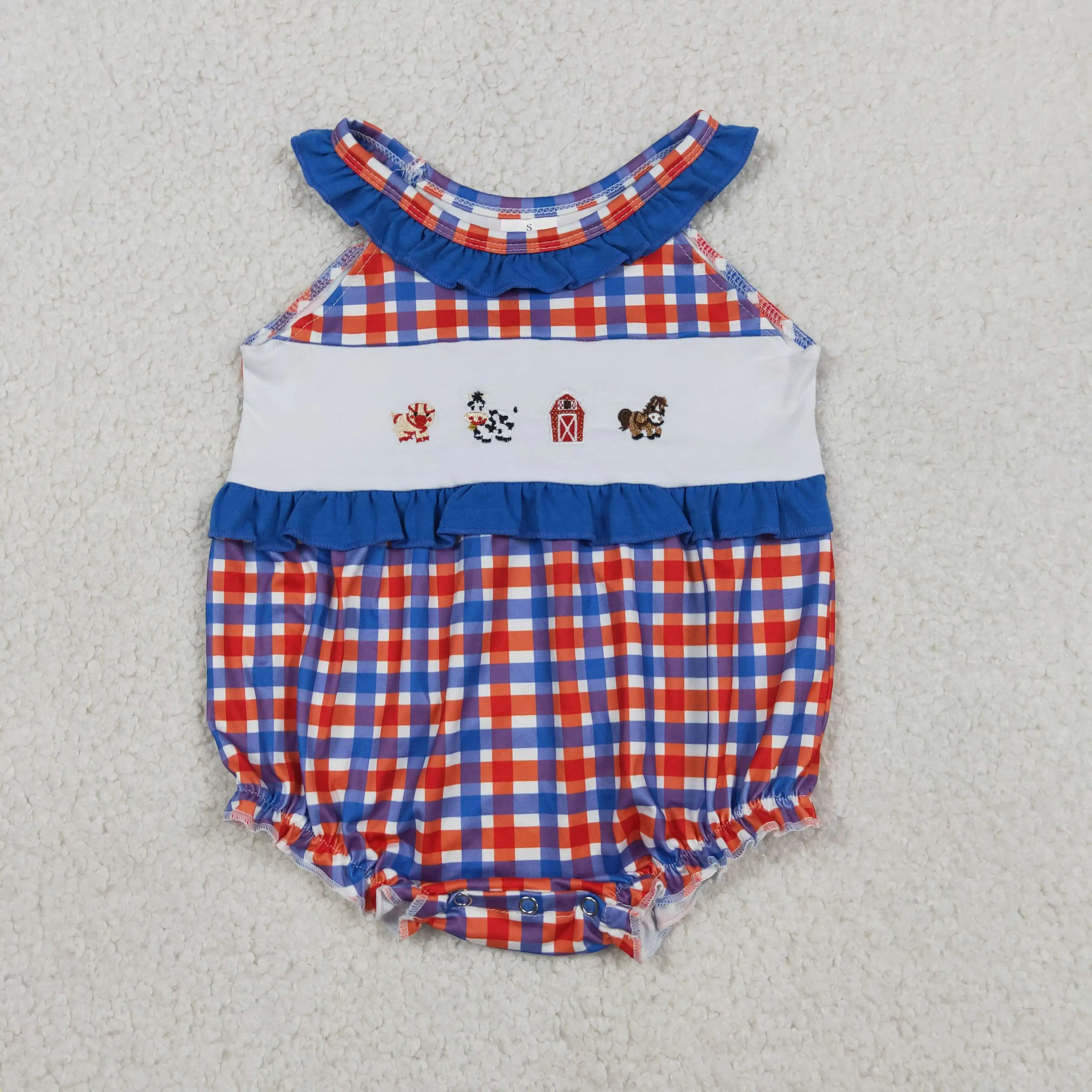 

Wholesale Baby Girl Infant Overall Embroidery Farm Animals Romper Toddler Girls July 4th Newborn Children Plaid Ruffle Clothes