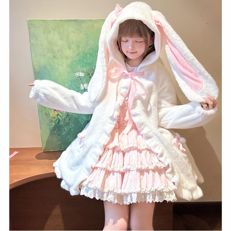 

Lolita Long Coat Girl Cute Long Bunny Ears Hooded JK Student Faux Rabbit Fur Coat 25168 Lolita Clothes