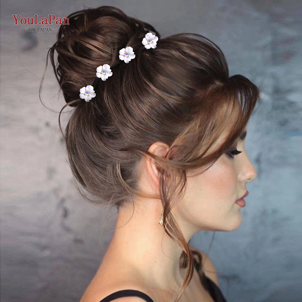 YouLaPan Handmade Ceramic Flower Bridal Hair Pin Wedding Hair Forks Hair Accessories Silver Color U-Shape Clips Headpieces HP774