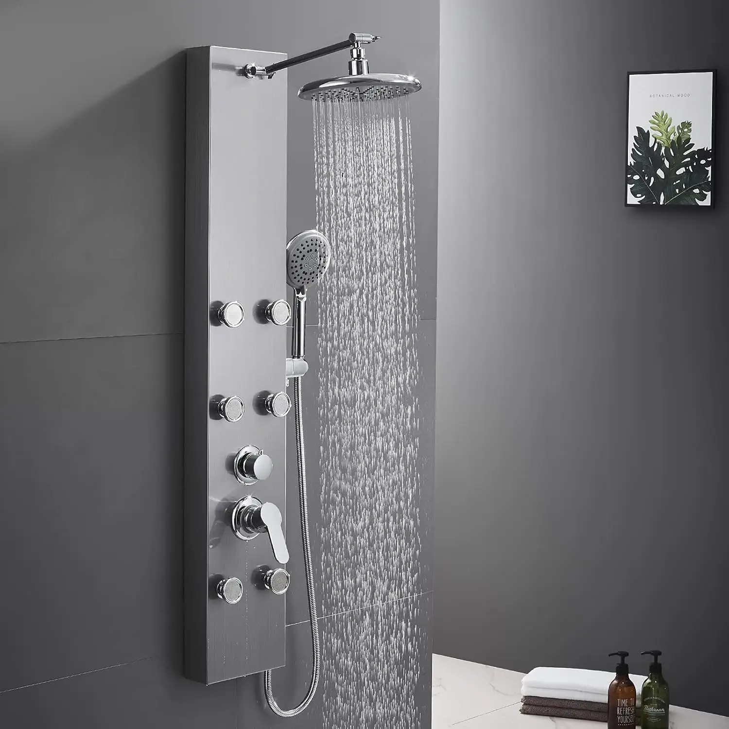 

304 Stainless Steel Shower Panel Tower with Rainfall Head, 6 Jets & Handheld, Brushed Finish