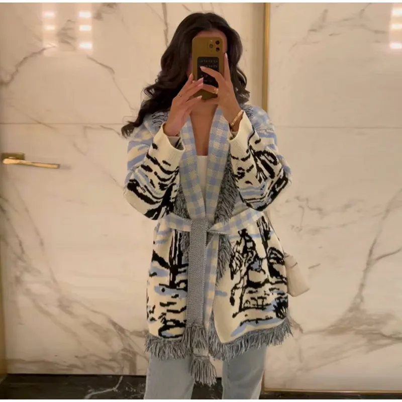 Knitted Jacquard Tassels Patchwork Cardigans Women Sweaters Long Sleeve V-neck Thicken Vacation Sweater 2025 Autumn Coats Tops