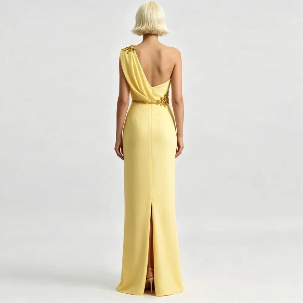 Customized Yellow Single Shoulder Satin Evening Dress 2026 Decal Hanging Shoulder Mermaid Dance Gown Suitable for Dinner Parties