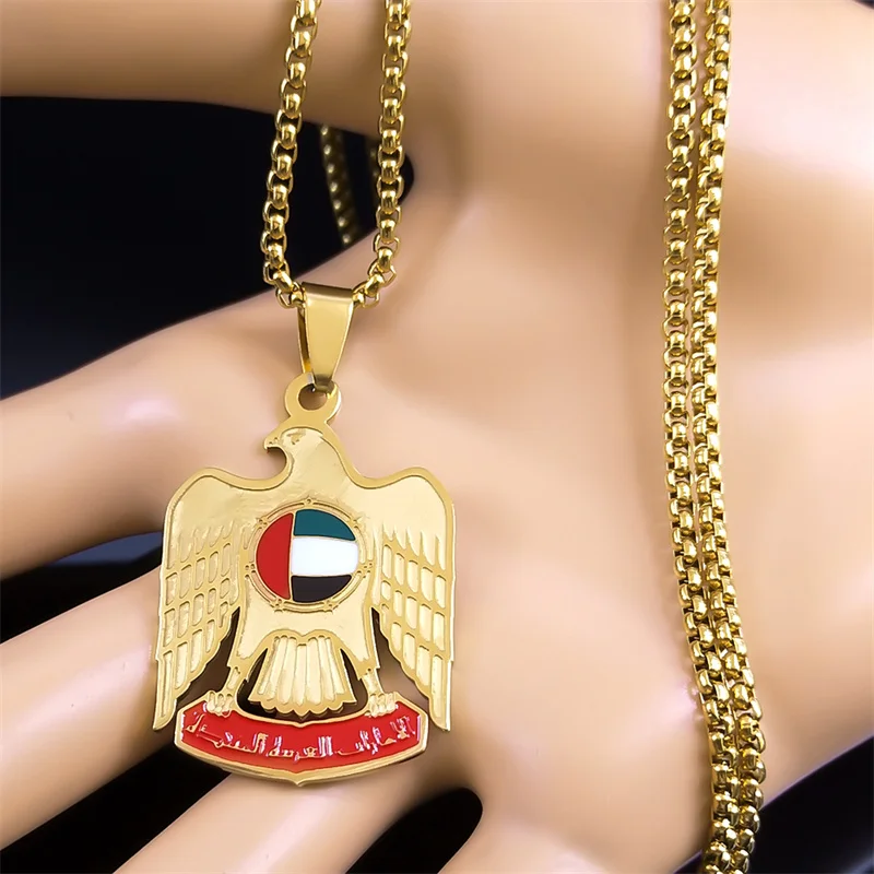 الإمارات العربية المتحدة العلم النسر قلادة للنساء الرجال الفولاذ المقاوم للصدأ الذهب اللون علم الدولة قلادة قلادة المجوهرات