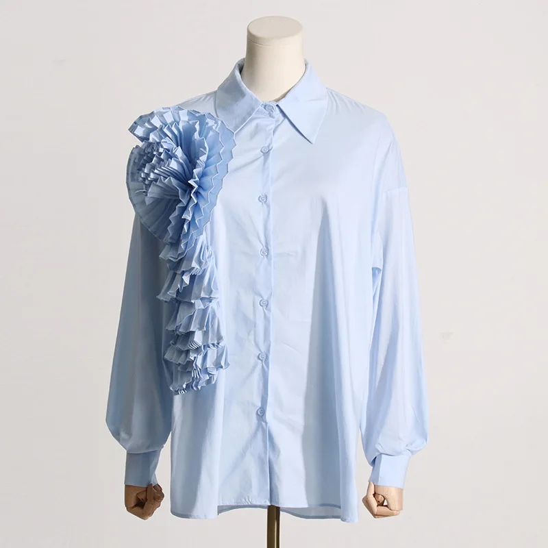 Spring New French Fashion Design Blouse Patchwork Pleats and Three-dimensional Flowers Versatile Shirt Top for Women