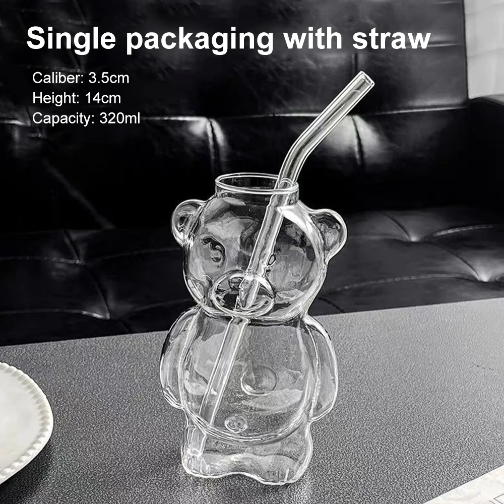 320ML Bear Shaped Glass Cup with Straw Transparent Coffee Mug Wine Glass Milk Tea Cup for Home Party Bar Restaurant Xmas Gift