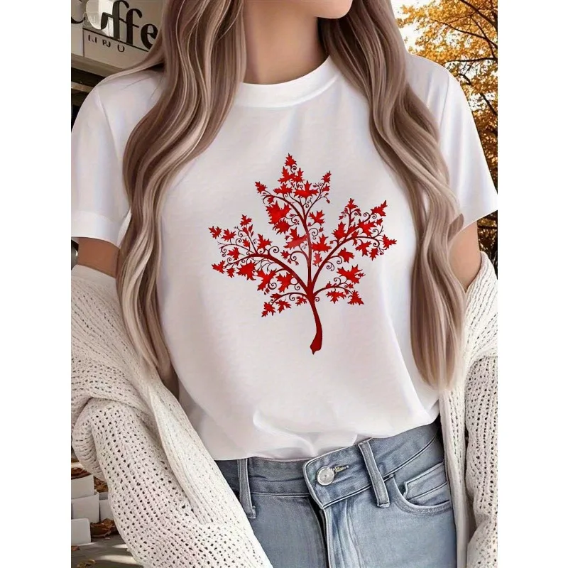 

Ladies' Canadian Patriotic T-shirt Red Maple Tree Pattern White Round Neck Loose Top Canada Day Thanksgiving Women's T-shirt