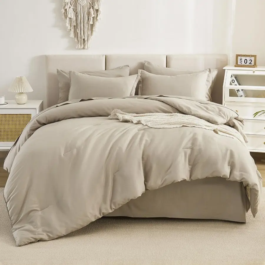 

Comforters Queen Size Set Oatmeal 7 Pieces Bed in a Bag Queen Bedding Comforter Sets, Plain Lightweight Bed Set with Comforter,