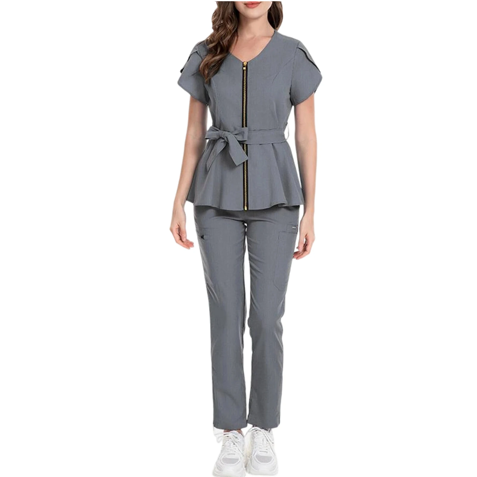 Women's Nurse Scrub Set V-Neck Short Sleeve Zipper Belted Multi-Color Long Pants Medical Uniform Healthcare Workwear