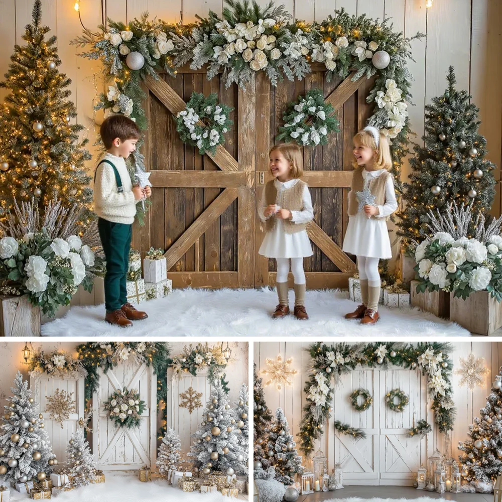 

Christmas Backdrop Winter Wooden Door Kids Adult Baby Portrait Photocall Prop Christmas Wreath Snowy Farm Photography Background