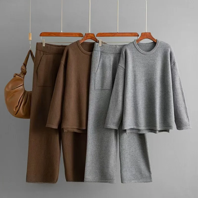 

Faionable Loose Knitted Sweater And Wide Leg Pants Two Piece Set Comfortable Warm Autumn Winter Women's Clothing Set