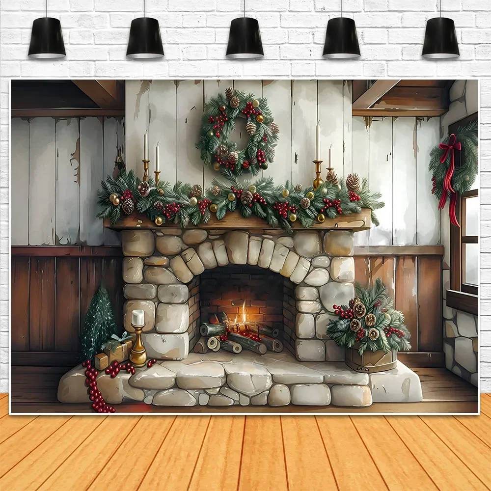 Mocsicka Christmas Backdrop Stone Fireplace Xmas Wreath Family Portrait Photography Background for Photo Studio Photoshoot Props