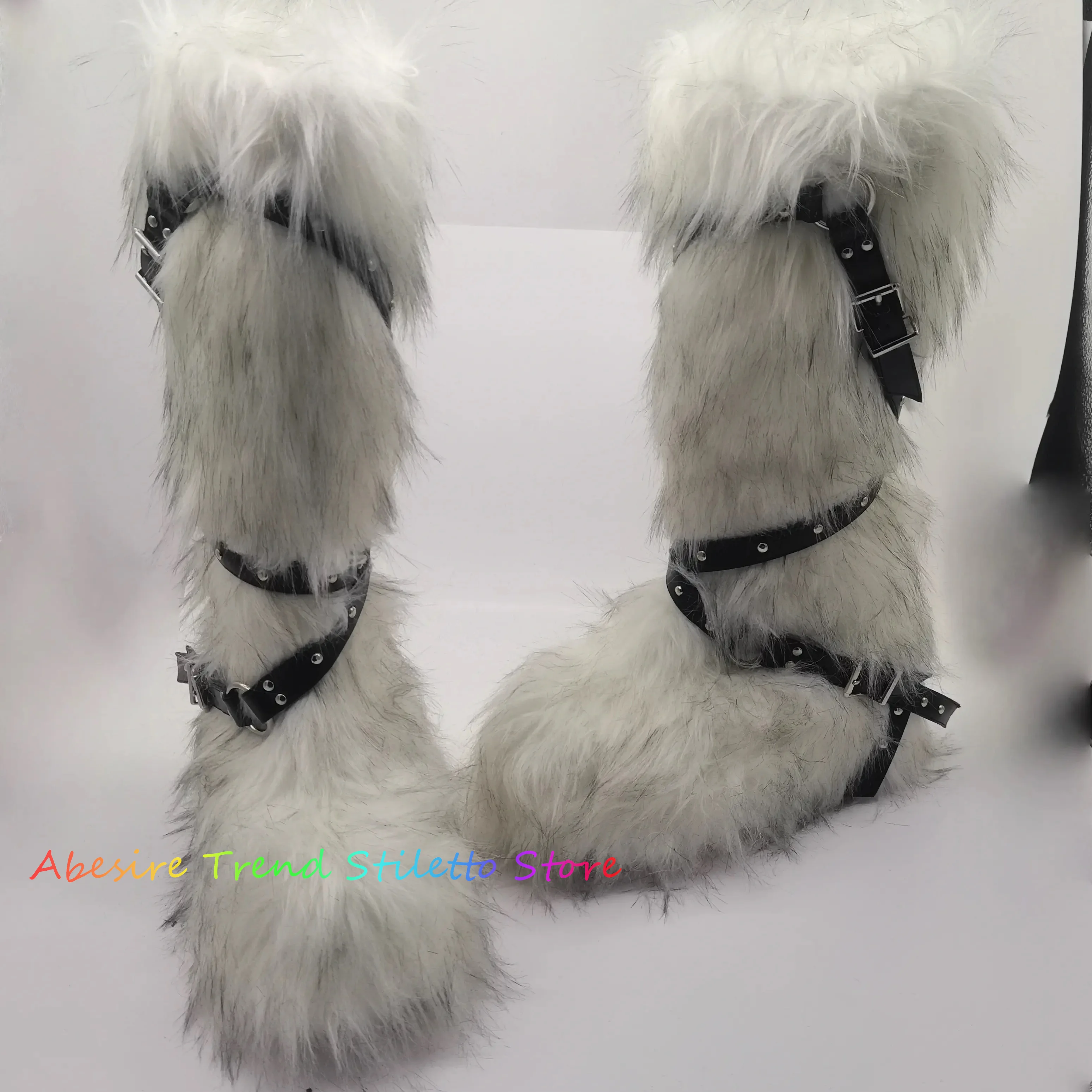 Spicy Girl White Faux Fur Knee High Boot Round Toe Platform Rivet Belt Buckle Thick Sole Fluffy Fuzzy Lady Winter Snow Booties