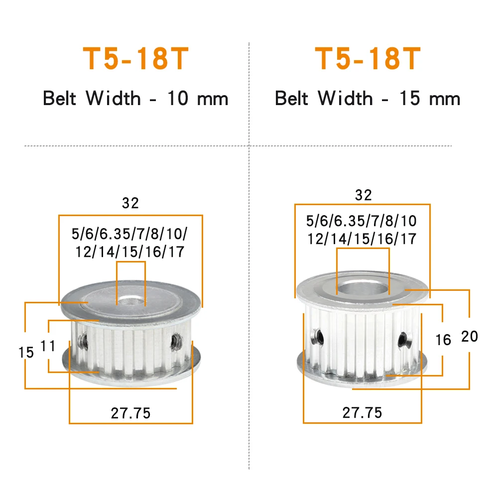 Belt Pulley T5-18T Bore Size 5/6/6.35/7/8/10/12/14/15/16/17 mm Toothed Pulley Teeth Pitch 5mm For T5 Width 10/15 mm Timing Belt