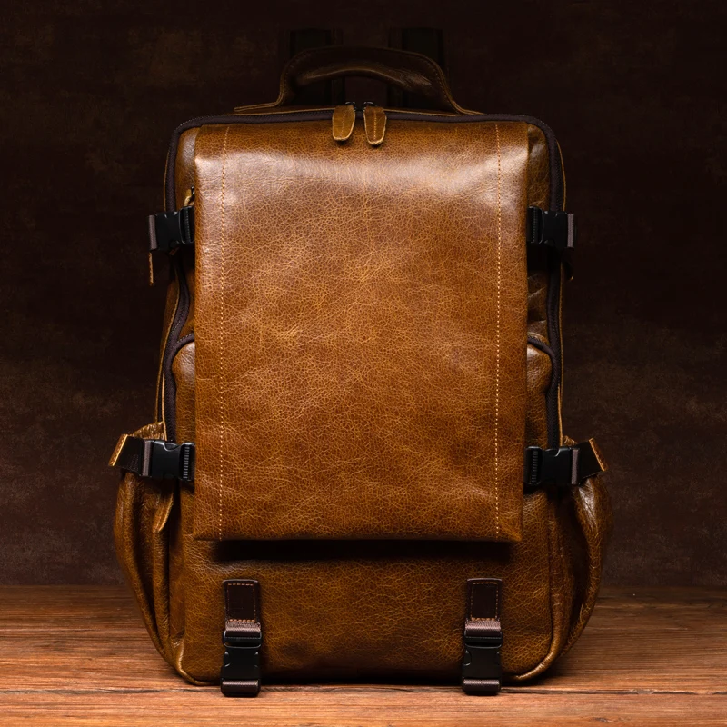 Retro Cowhide Backpack Men and Women Trend Outdoor Travel Bag Leather Business Computer Backpack Large Capacity
