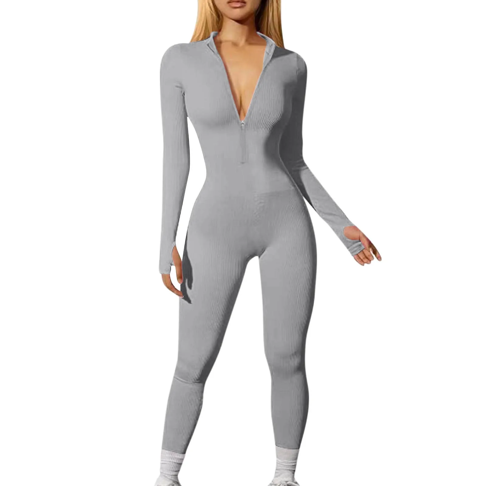 

Women'S Solid Jumpsuits Daily Yoga Sports Fitness Casual Slim Fit Tight Jumpsuits Long Sleeve Leaky Finger Zipper Jumpsuits