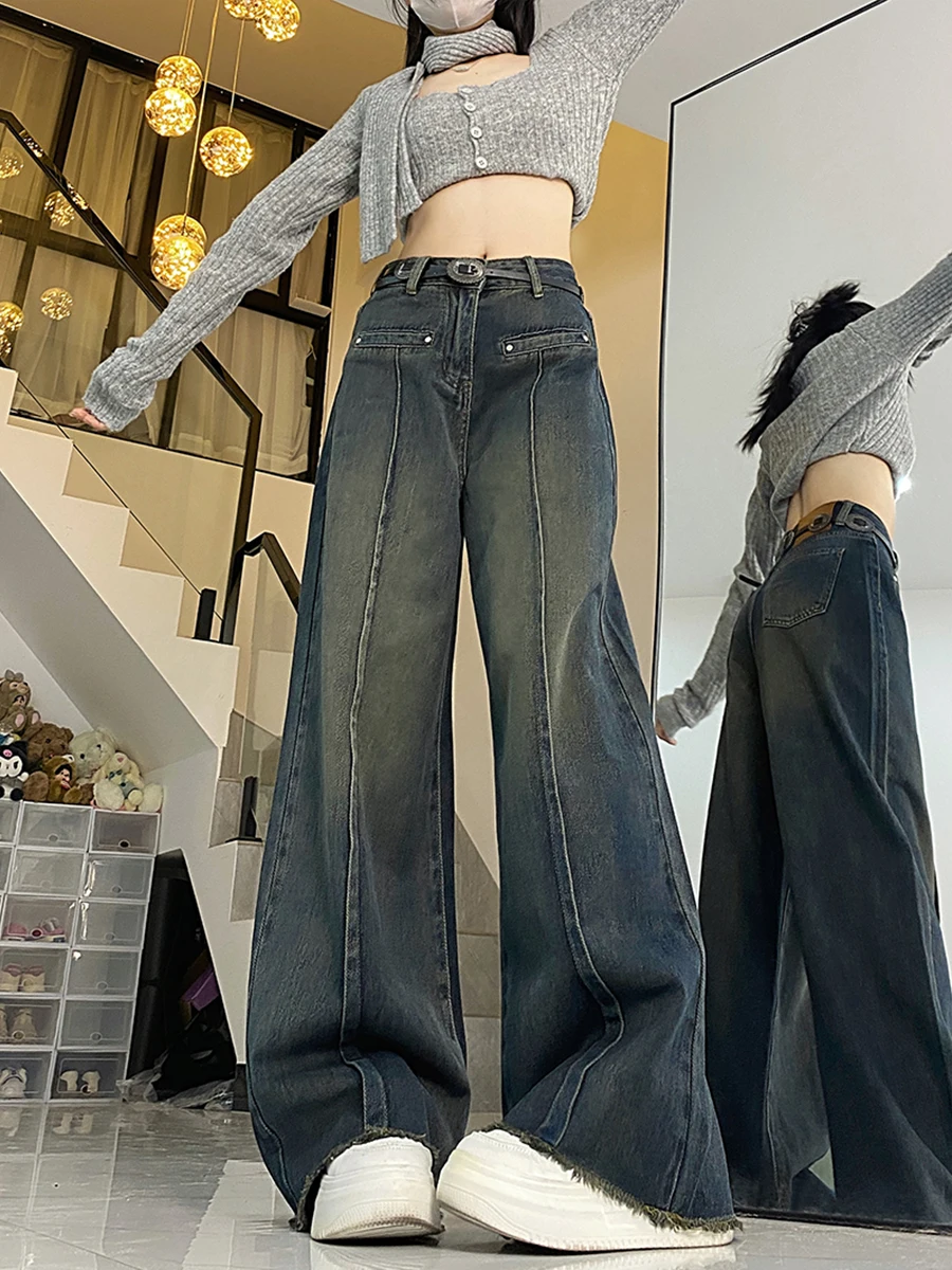 Czarne jeansy damskie plisowane denimowe Y2K moda koreańska Harajuku styl vintage boyfriend baggy luźne oversize damskie casual