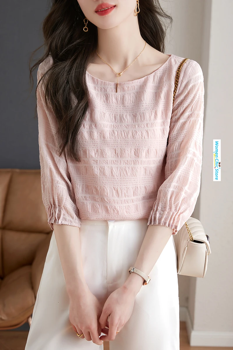 Three-quarter Sleeve O-neck Sweet Pink Pulllover Shirt Women Tops 2024 Summer Thin Elegant French Loose Blouse Camisas A2240