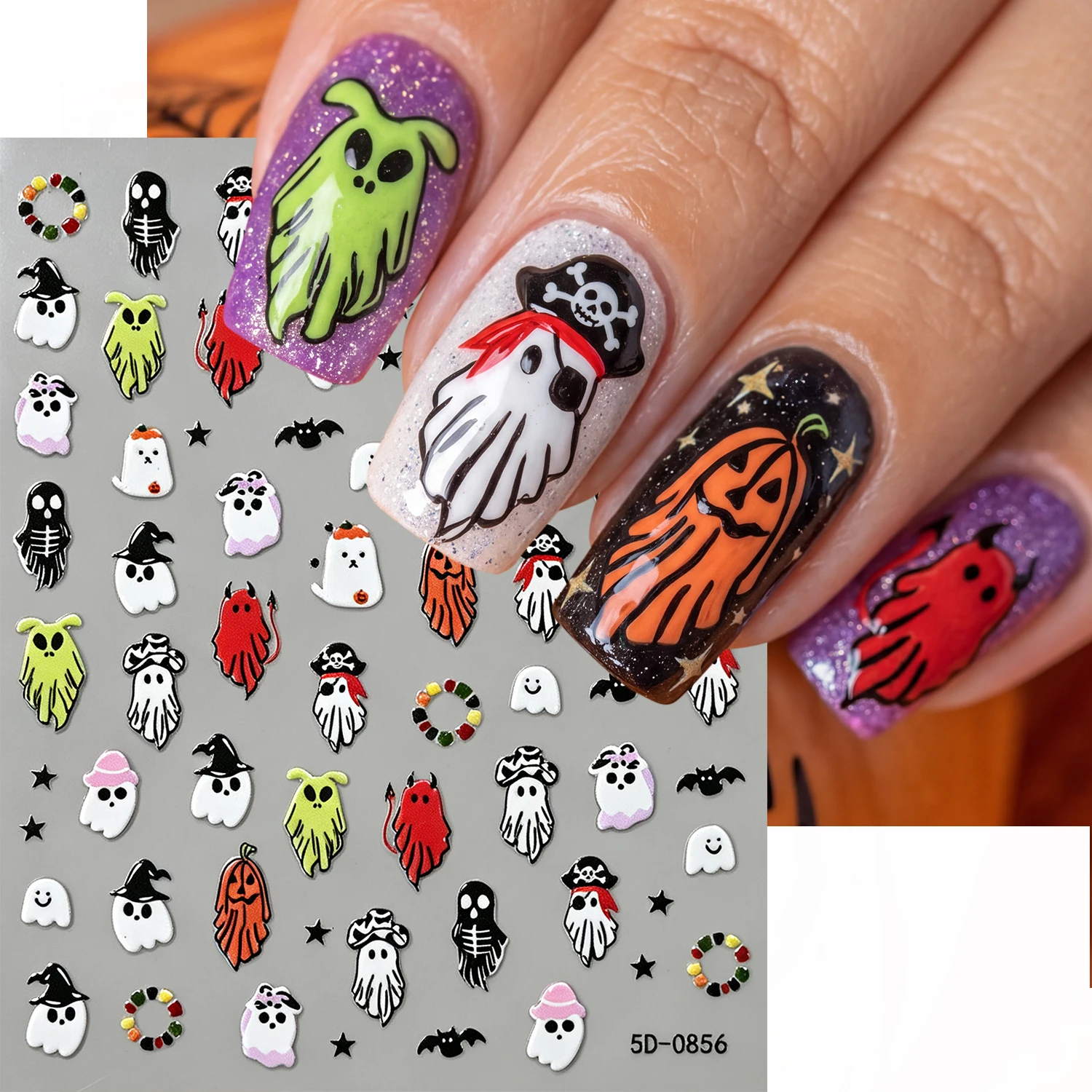1Pcs Spooky Halloween Nail Stickers Funny Ghost Devil Skeleton Pumpkin Witch Nail Decals Costume Party Holiday Nail DIY Supplies