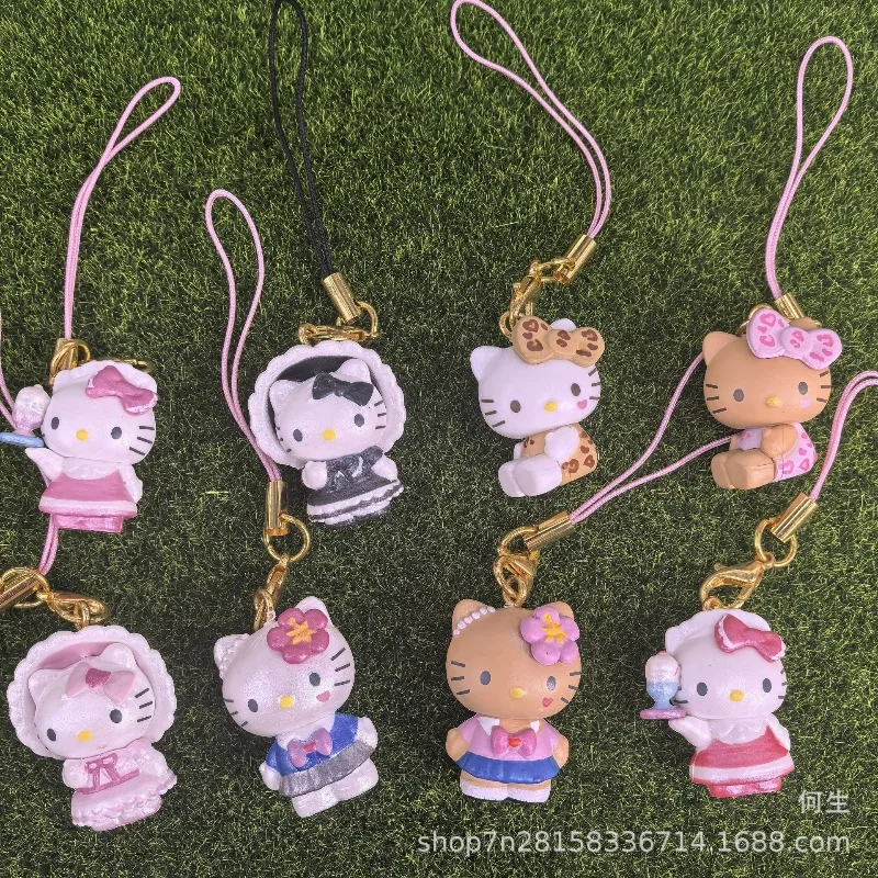 Sanrio hello kitty pendurado corrente caixa cega brinquedos mini bonito pele preta olá kitty boneca modelo pingente brinquedos coletar decoração