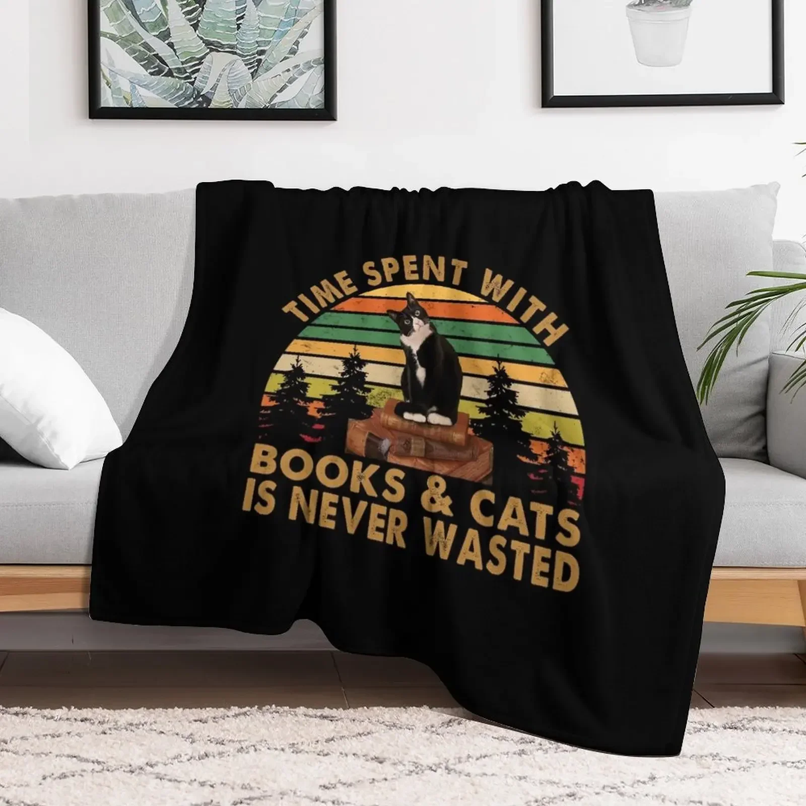 Time spent with books and cats is never wasted Vintage Throw Blanket Furrys Summer Thermal Blankets