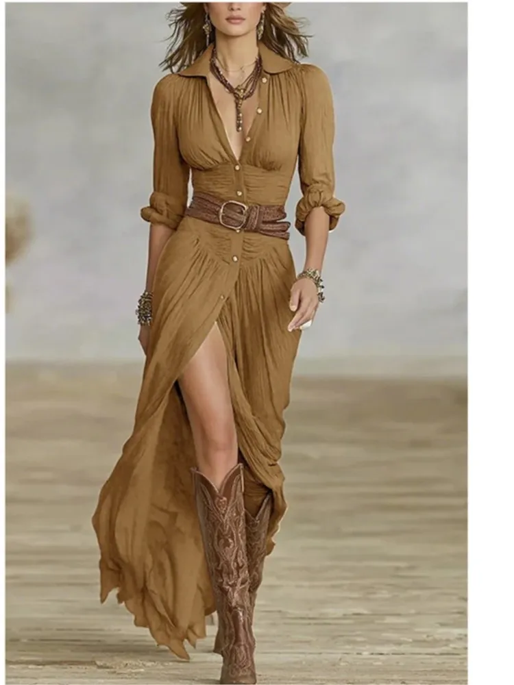 

Women's Fashion Solid Holiday Party Dress Elegant Lapel Button Draped Long Dress Casual Long Sleeve Match With Belt Shirt Dress