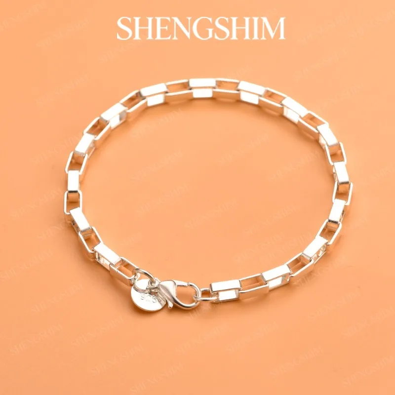 SHENGSHIM 925 Sterling Silver Exquisite Openwork Square Box Bracelet Bangle For Men Women Fashion Jewelry Party Birthday Gifts