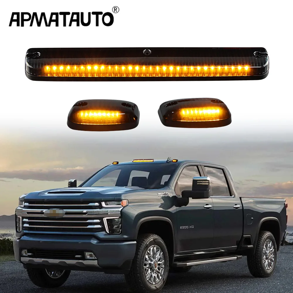 3X Smoke Lens Amber Light 12 LED Cab Marker Roof Top Lights Assembly+Wire Harness for 2007-2013 Chevy Silverado GMC Sierra