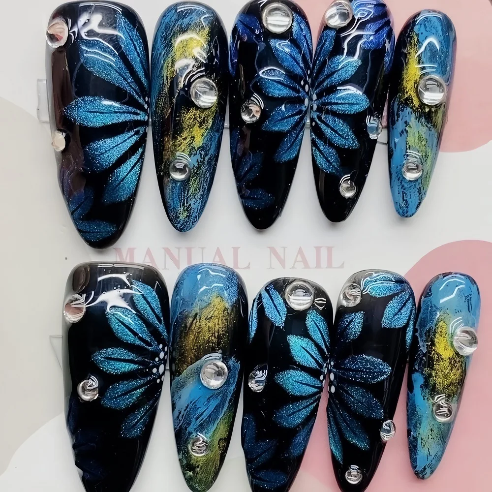 10Pcs Short Round Head Almond Fake Nails with Flowers Grass Pattern Wearable False Nails Tips Summer Full Cover Press on Nails