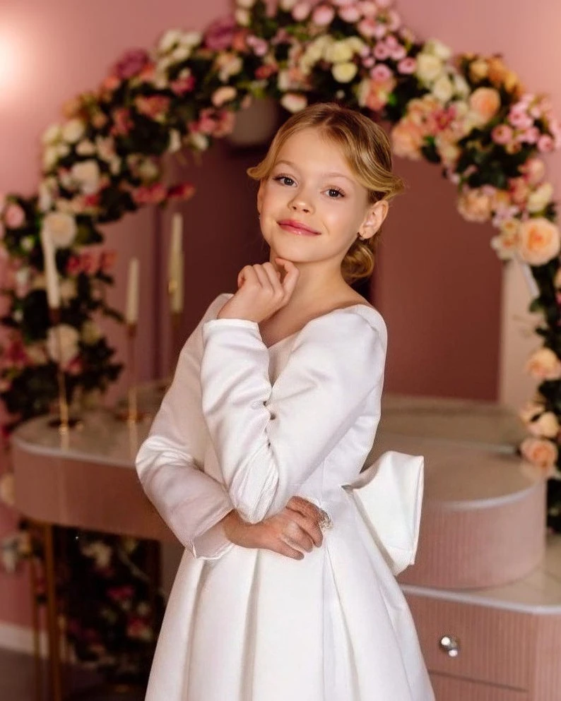 Flower Girl Dress Holy Communion Wedding Dress for Girls White Long Sleeve Satin Baby Dress Pageant Dresses for Girls Ball Gown