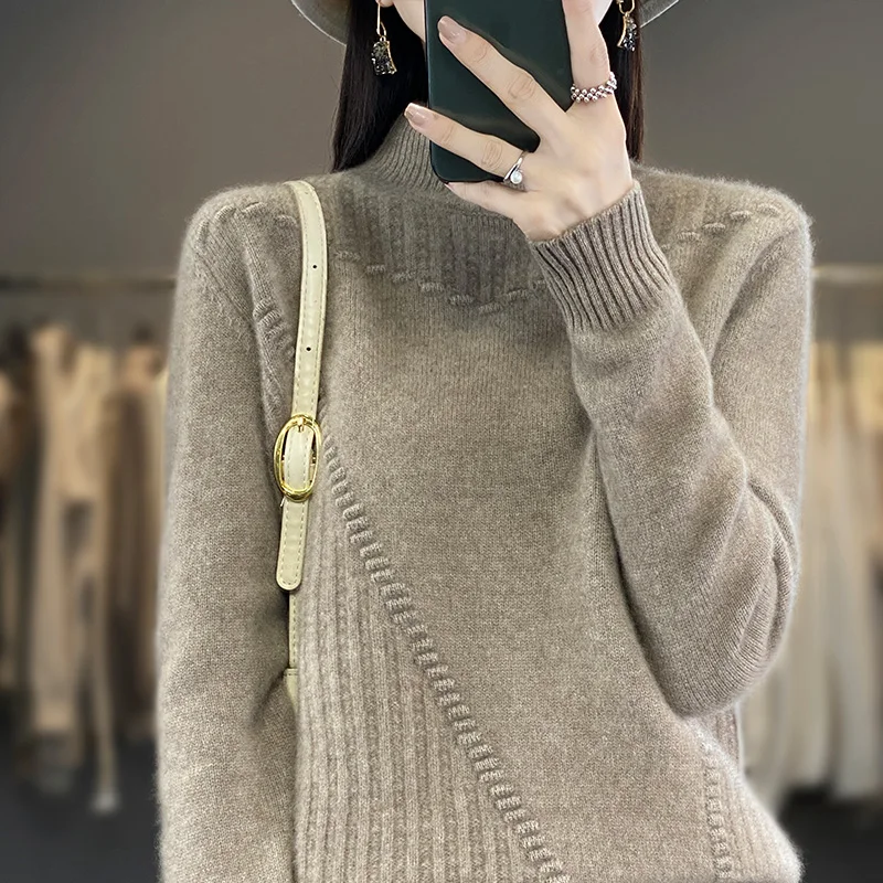 2023 Autumn and Winter New Cashmere Sweater Women Mock Neck Knitted Pullover Loose Heavy craftsmanship Cashmere Sweater Women